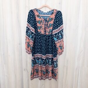 Womens Floral Boho Dress Large Navy Orange Paisley Long Sleeve Peasant Global